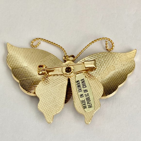 Vintage Cloisonne Butterfly Brooch Pin Flowers Blue Enamel Gold Plated Taiwan - Picture 7 of 12